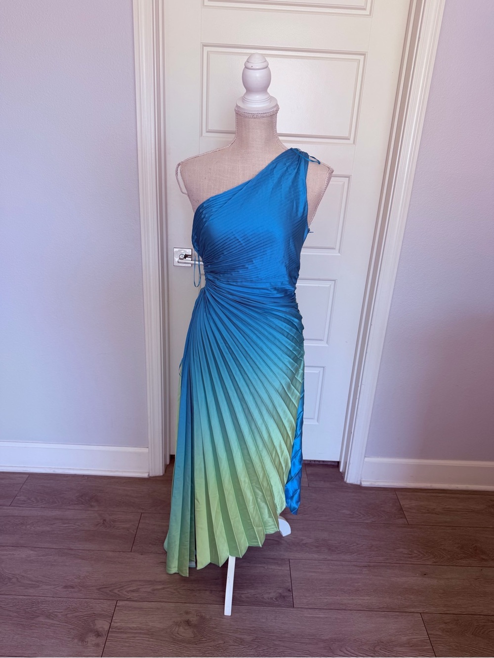 One-Shoulder Blue to Green Ombre Pleated Dress